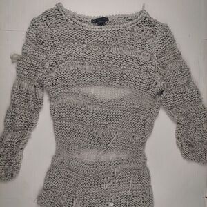 Large Armani Exchange Chunky Knit Sweater Grey Ribbon 3/4 Sleeve Sheer Distress